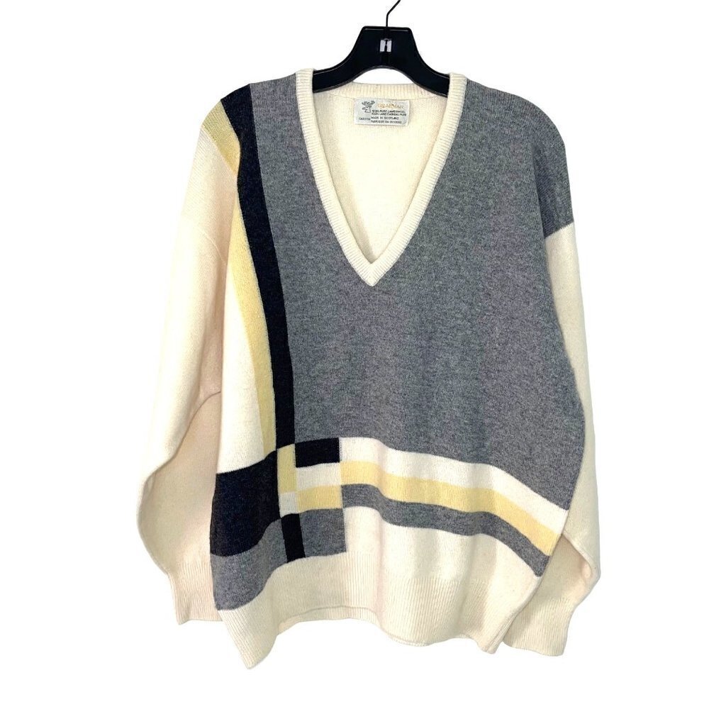 Braemar Lambswool Sweater Womens Unisex Size Medium Made In Scotland Cream Gray